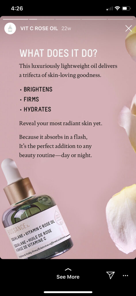 Instagram Story product explainer of Biossance rose oil