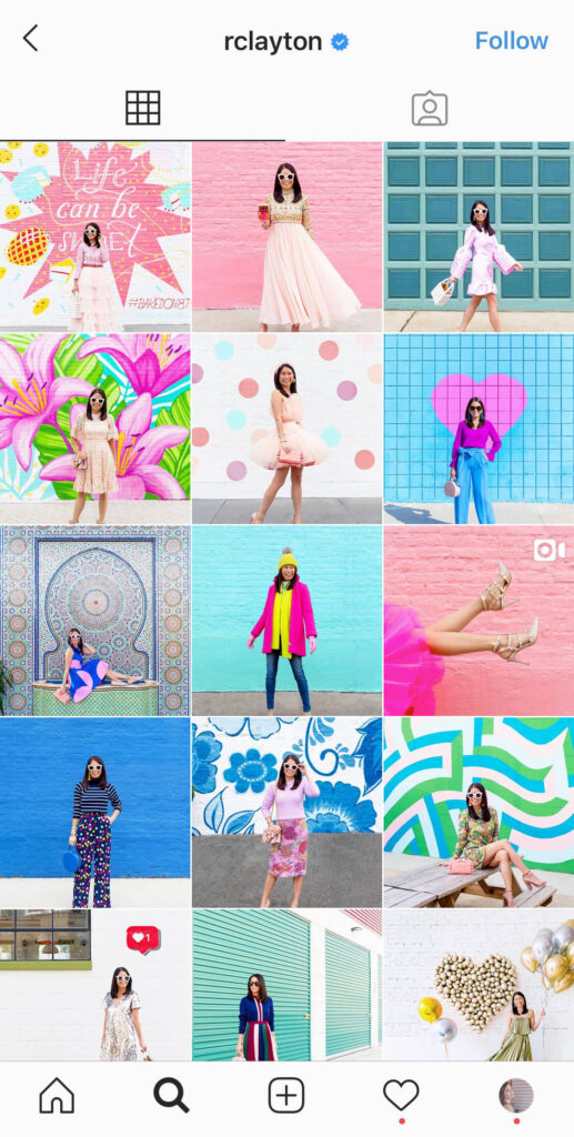 Screenshot of Instagram 9-grid with bright pinks, turquoise, and greens