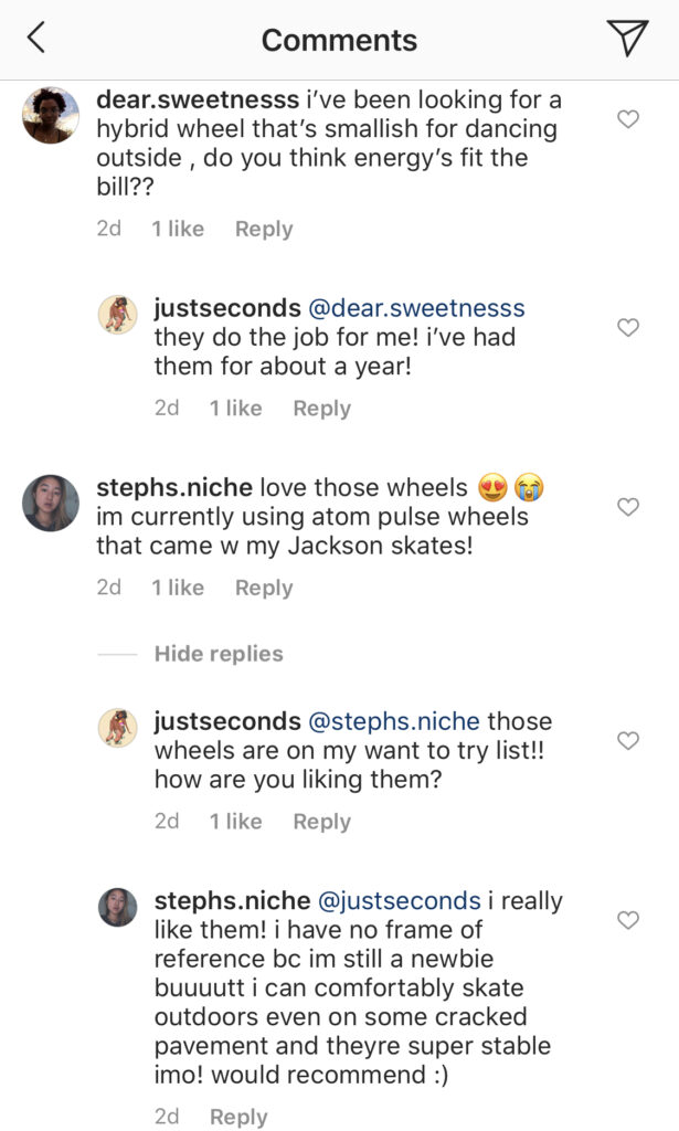 Screenshot of comments section in an Instagram post