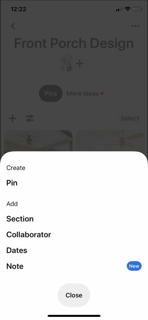 Tap the + icon to add a section to your pinterest board