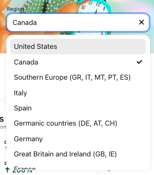 Screenshot of a dropdown menu with a selection of countries to select from.