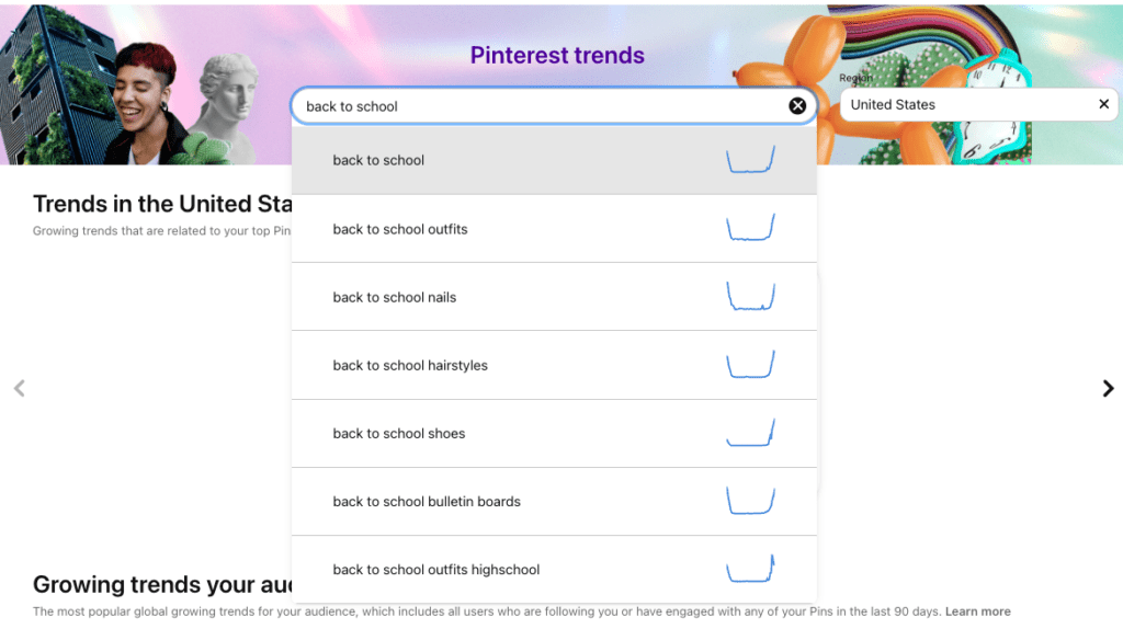 Screenshot of Pinterest trends website with "back to school" in the search bar and a dropdown menu showing a variety of additional search options related to that prompt.