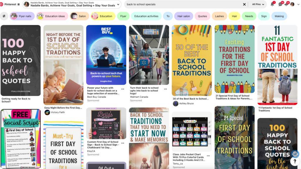 Screenshot from Pinterest showing results for the search prompt "back to school specials."