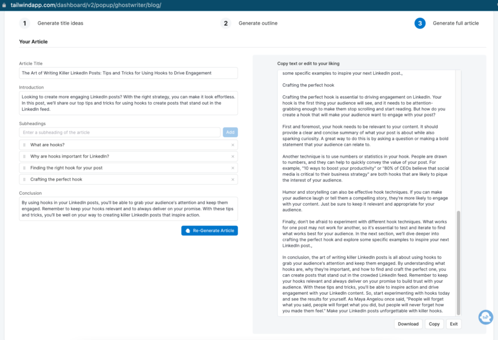 Screenshot of Tailwind Ghostwriter complete Full article