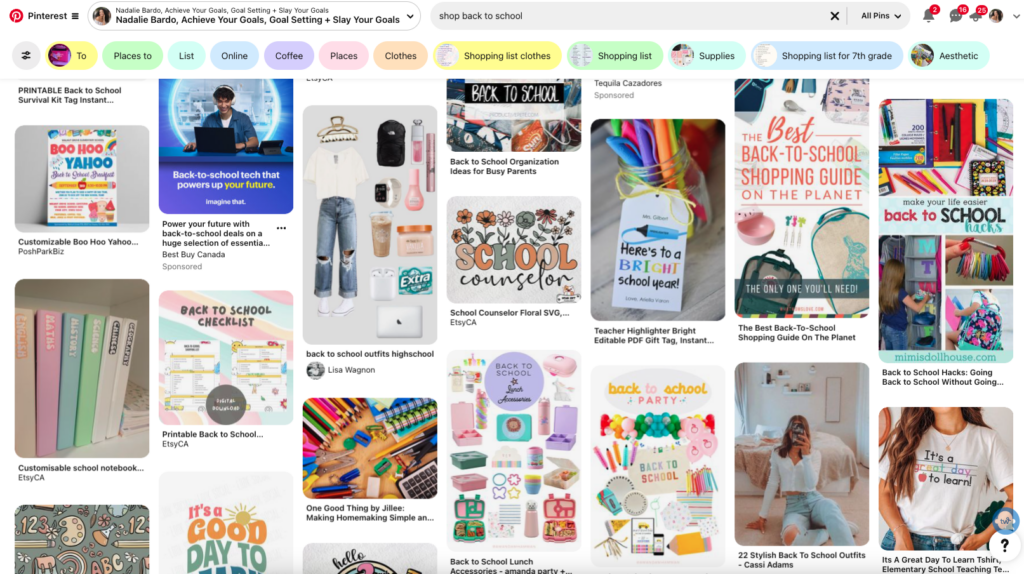 Screenshot from Pinterest showing results for the search prompt "shop back to school."