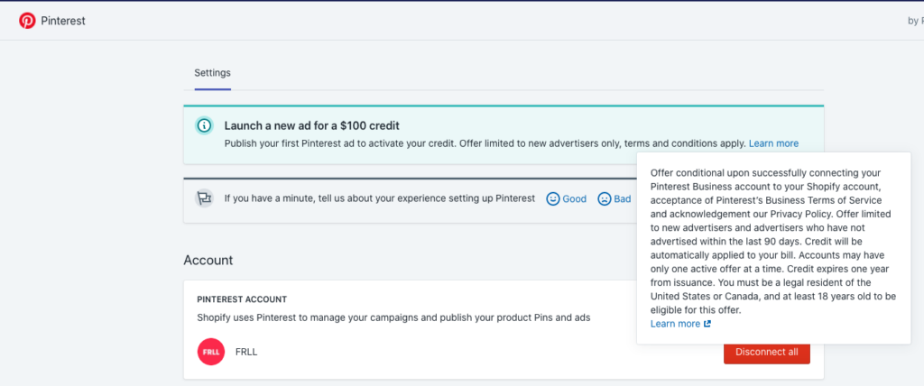 $100 shopify pinterest ad credit