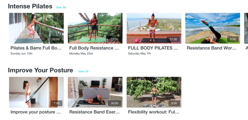 Thumbnails of Pilates and workout courses offered by Jess Guevara (jgpilates.com)