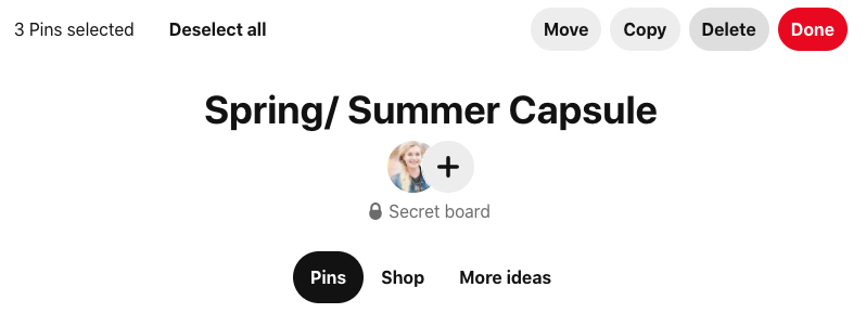 Screenshot from pinterest of 3 pins selected and the options to move, copy, delete, or deselect all. 